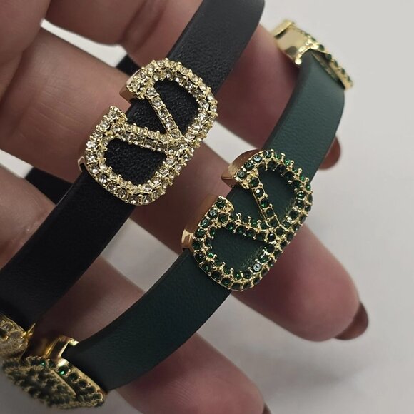 Valentino V Logo Signature Leather Bracelet in Black or Green - Picture 1 of 16